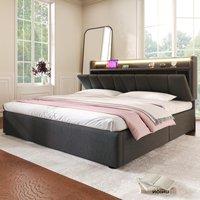Smart Double Bed with USB & USB-C Charging Port, Stylish Upholstered Bed for Modern Bedrooms, 207L x 152W x 110H cm, Grey Aosom UK