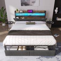 Upholstered Double Bed with Smart LED Lighting, USB Type-C Charging, Bed Frame with Storage Headboard, Drawers, 208L x 137W x 110H cm, Grey Aosom UK