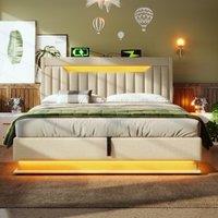 Modern Upholstered Storage Bed Frame with Hydraulic Lift, Soft Linen Sleeper Bed for Bedroom, 218L x 182W x 111H cm, Beige Aosom UK