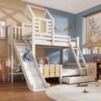 3-in-1 Cabin-style Bunk Bed with Slide and Storage Drawer, Solid Wood and MDF Frame, Durable Sleeper for Kids, 240L x 189W x 230H cm, White Aosom UK