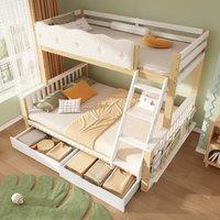 Playful Wooden Bunk Bed Frame with Storage Drawers, Solid Pine Twin Over Full Sleeper Bed for Kids Room, 195L x 140W x 154H cm, Natural+White Aosom UK