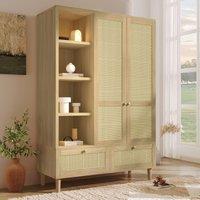 Rustic Oak Rattan Wardrobe with Clothes Rail and 2 Drawers, Wooden Armoire Closet Cabinet for Bedroom, 120L x 50W x 180H cm, Oak Aosom UK