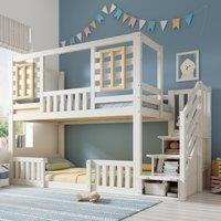 Cabin-Style Bunk Bed with Staircase Storage and Guardrail, White Window-Detailed Cabin Bed with Slatted Bases, 244L x 95W x 170H cm, White Aosom UK
