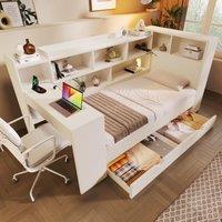 Multi-Functional Single Daybed with Bookcase & Computer Desk, Space-Saving Bed Frame with Ergonomic Desk, 63L x 114W x 100H cm, White Aosom UK