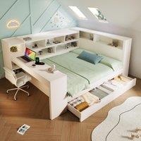 4ft6 Double Daybed with Built-In Desk and Storage Drawers, Modern Wooden Frame Sleeper Bed for Home Office, 263L x 159W x 100H cm, White Aosom UK