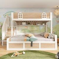 Cabin-Style Bunk Bed with Staircase Storage Cube & Hanging Baskets, Hydraulic-Lift Bed for Children, 244L x 140W x 155H cm, Natural+White Aosom UK