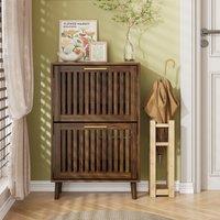 Rustic Walnut Shoe Storage Cabinet with 2 Flip Drawers, Compact Fence Shoe Cabinet for Hallway Entrance, 60L x 24W x 93H cm, Walnut Aosom UK