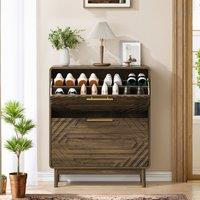 Mid-Century Walnut Shoe Storage Cabinet with 2 Flip Drawers, Freestanding Shoe Cabinet for Entry Hallway, 60L x 24W x 95H cm, Walnut Aosom UK