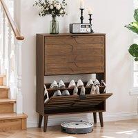 Farmhouse Walnut Shoe Storage Cabinet with 2 Flip Drawers, Slim Fence Shoe Cabinet for Corridor Entrance, 60L x 24W x 98H cm, Walnut Aosom UK