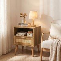 Boho Rattan Nightstand with Rattan Drawer, Open Shelf and Gold Handles, Mid-Century Bedside Table for Bedroom, 45L x 40W x 55H cm, Walnut Aosom UK