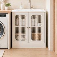 Smart Oak Tilted Laundry Hamper with 2 Baskets, Hidden Free-Standing Laundry Cabinet for Bathroom Utility Room, 66L x 33W x 68H cm, Oak Aosom UK