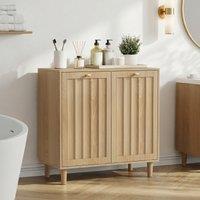 Slim Oak Hidden Shoe Cabinet with 2 Drop-Down Drawers, Mid-Century Freestanding Shoe Cabinet for Hallway, 60L x 24W x 80H cm, Oak Aosom UK
