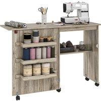 HOMCOM Folding Sewing Table, Drop Leaf Craft Table with Storage Bins, Open Shelf and Wheels, Rolling Sewing Machine for Small Space, Grey
