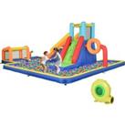 Outsunny Multi-Activity Bouncy Castle with Slide, Splash Pool, Climbing Area, Water Cannon, Hoop & Football Goal for Children 3-8 Years