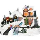 HOMCOM Animated Christmas Village Scene, Battery-Operated Musical Holiday Decoration with LED Light, Fibre Optic River, Moving Train for Tabletop