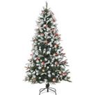 HOMCOM 6FT Artificial Snow Dipped Christmas Tree Xmas Pencil Tree Holiday Home Party Decoration with Foldable Feet Red Berries White Pinecones, Green