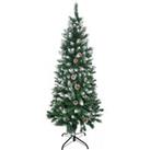 HOMCOM 5 Foot Snow Artificial Christmas Tree with Realistic Branches, Pine Cone, for Indoor Decoration, Green White