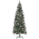 HOMCOM 7 Foot Snow Dipped Artificial Christmas Tree Slim Pencil Xmas Tree with 738 Realistic Branches, Pine Cones, Red Berries, Auto Open, Green
