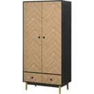 HOMCOM Modern Wardrobe Cabinet Wood Grain Sticker Surface with Shelf, Hanging Rod and 2 Drawers 90x5