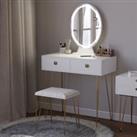 HOMCOM Dressing Table Set with LED Light, Round Mirror, Vanity Makeup Table with 2 Drawers and Cushi