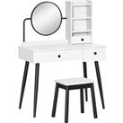 HOMCOM Vanity Dressing Table Set with Mirror and Stool, Makeup Table with 3 Drawers and Open Shelves