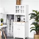 HOMCOM Modern Kitchen Cupboard, Louvered Kitchen Storage Cabinet with Framed Glass Doors and 2 Drawers, White