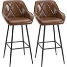 HOMCOM Retro Bar Stools Set of 2, Breakfast Bar Chairs with Footrest, Kitchen Stools with Backs and Steel Legs, for Dining Area and Home Bar, Brown