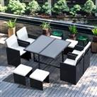 Outsunny 9PC Garden Rattan Dining Set Outdoor Patio Dining Table Set Weave Wicker 8 Seater Stool Bla