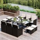 Outsunny 11PC Rattan Garden Furniture Outdoor Patio Dining Table Set Weave Wicker 10 Seater Stool Bl