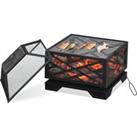 Outsunny 66cm 2 in 1 Square Fire Pit Metal Brazier for Garden, Patio with BBQ Grill Shelf & Spar