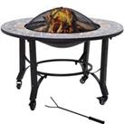 Outsunny 2-in-1 Outdoor Fire Pit on Wheels, Patio Heater with Cooking BBQ Grill, Firepit Bowl with Screen Cover, Fire Poker for Backyard Bonfire