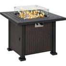Outsunny Square Propane Gas Fire Pit Table, 50000 BTU Rattan Smokeless Firepit Patio Heater w/ Glass Screen, Beads and Lid, 82cm x 82cm x 66cm, Black