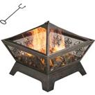 Outsunny Metal Square Outdoor Fire Pit, Patio Firepit Bowl with Spark Screen & Poker, 61 x 61 x 52cm, Black