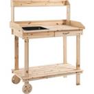 Outsunny Garden Potting Bench Table, Wooden Work Station, Outdoor Planting Workbench with 2 Wheels, 