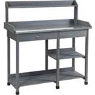 Outsunny Garden Potting Table, Wooden Workstation Bench w/ Galvanized Metal Tabletop, Drawer, Storag