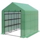 Outsunny Poly Tunnel Steeple Walk in Garden Greenhouse with Removable Cover Shelves - Green 244 x 18