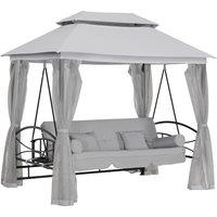 Outsunny 2-in-1 Convertible Swing Chair Bed 3 Seater Hammock Gazebo Patio Bench Cushioned Seat Mesh Curtains - Grey