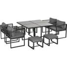 Outsunny 8 Seater Garden Dining Cube Set Aluminium Outdoor Furniture Set Dining Table, 4 Chairs and 4 Footstools with Cushion, Grey