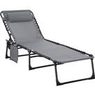 Outsunny Folding Sun Lounger, Reclining Camping Bed with 5-Position Adjustable Backrest, Pillow, Gre
