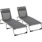 Outsunny Foldable Sun Lounger Set with Pillow, Adjustable Recliner, Aluminium Frame, Camping Cot, Gr