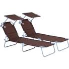 Outsunny Foldable Sun Lounger Set with Canopy, Adjustable Patio Recliner Chairs, Mesh Fabric, Brown,