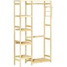 HOMCOM Bamboo Garment Rack, Clothes Rack with Storage Shelf, Hanging Rail and Side Hooks for Entrywa