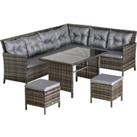 Outsunny 6 PC Garden Rattan Corner Dining Sofa Set 7-seater Outdoor Wicker Conservatory Furniture Lawn Patio Coffee Table Foot Stool w/ Cushion - Grey