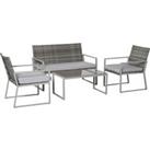Outsunny Rattan Garden Furniture Set, 4-Seater, 2 Single Sofa Armchairs, 1 Bench, Cushions, Coffee T