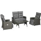 Outsunny 4 Piece Rattan Garden Furniture Sets, 4 Seater Outdoor Sofa Sectional w/Wicker Sofa, Reclin