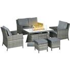 Outsunny 6-Seater Rattan Garden Furniture Set w/ Gas Fire Pit Table, Wicker Loveseat, 2 Armchairs an