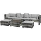 Outsunny 7-Piece Rattan Patio Furniture Set with Sofa, Footstools, Coffee Table, Side Shelves, Cushi