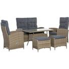 Outsunny 6 Pieces PE Rattan Dining Set, Patio Wicker Conversation Furniture, Tempered Glass Table-to
