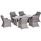 Outsunny 7 PCS Outdoor PE Rattan Dining Table Set, Patio Wicker Aluminium Chair Furniture w/ Tempere
