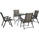 Outsunny 5 Pieces PE Rattan Table and Chairs, Round Glass Top Table with Umbrella Hole, Folding Armc